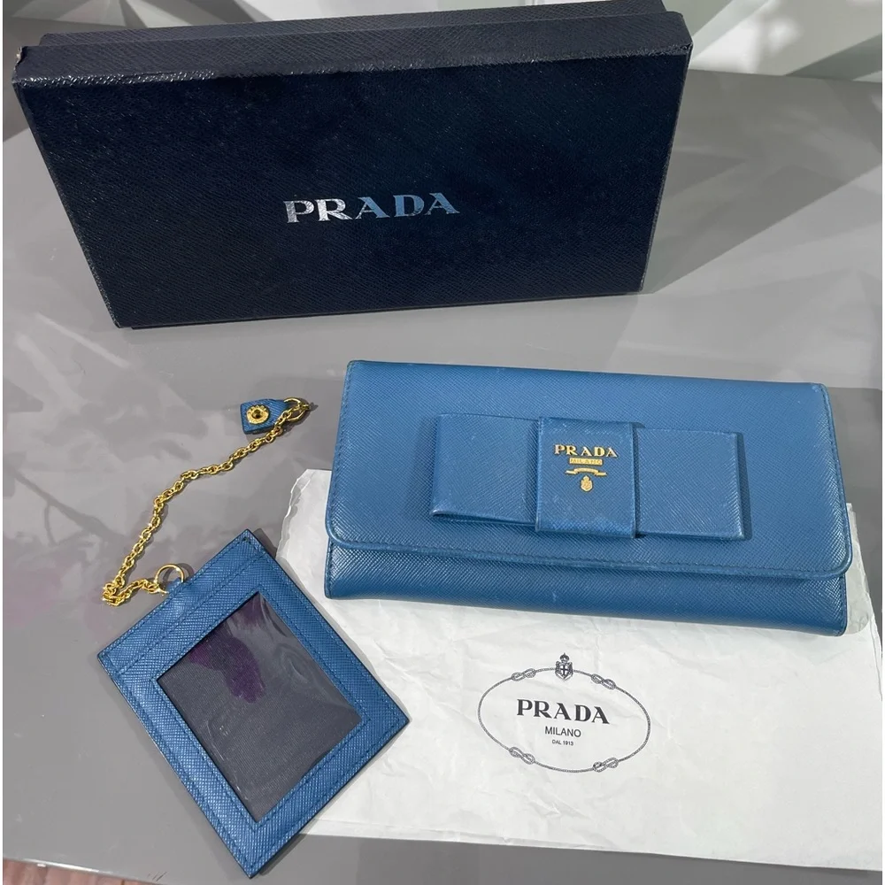 PRADA Blue Bow Saffiano Leather Wallet - Picture 1 of 17